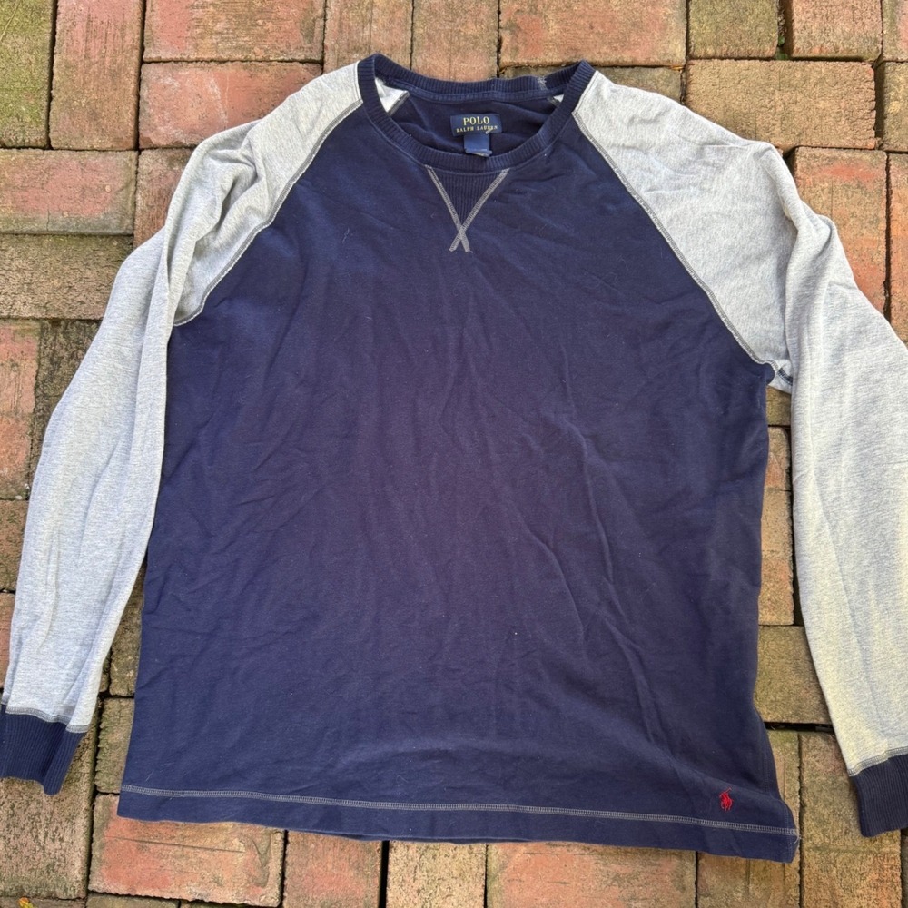 Polo Ralph Lauren Mens 2XL Navy Gray Raglan Long Sleeve T-Shirt Cotton Pony Logo